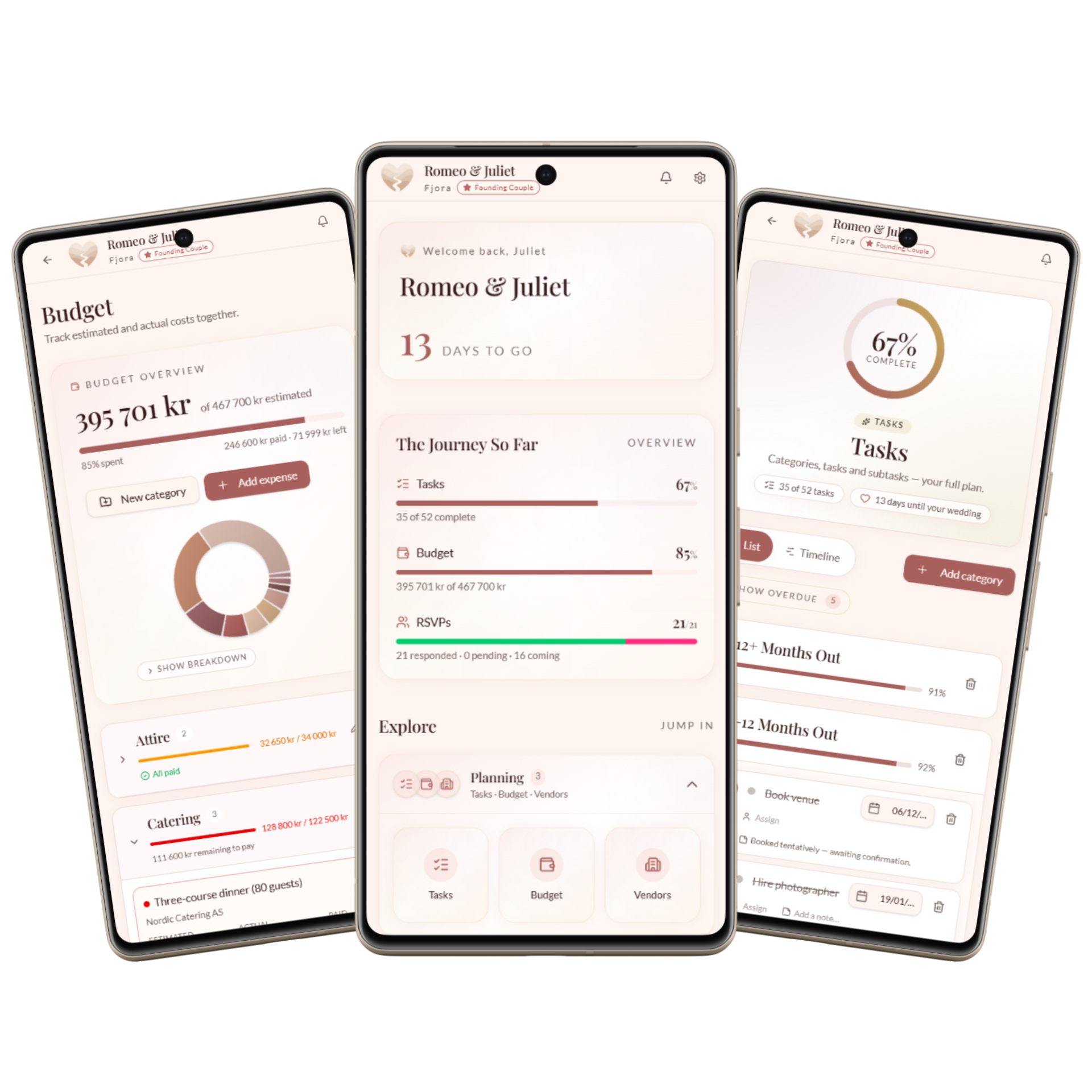 Fjora app shown on three phones — dashboard, budget, and tasks