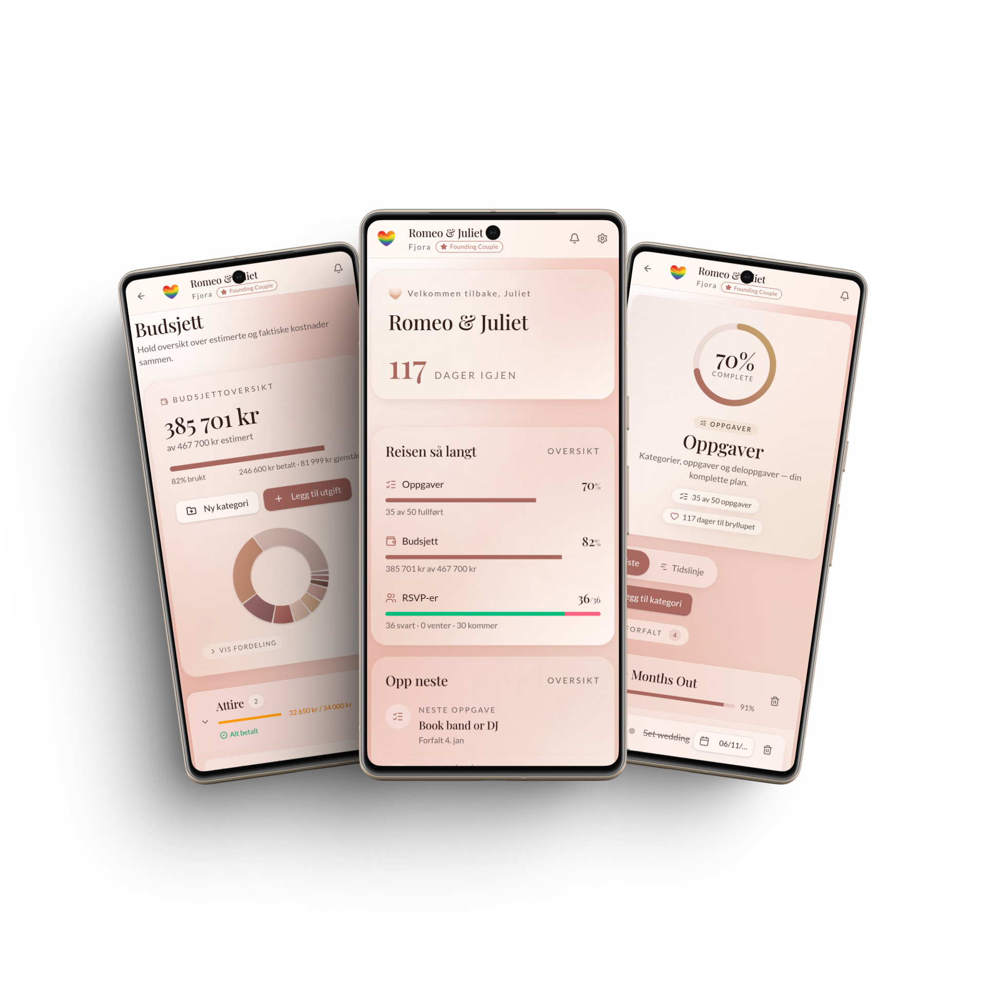 Fjora app shown on three phones — dashboard, budget, and tasks